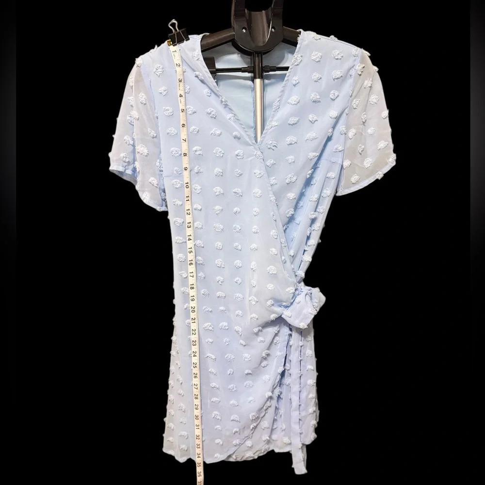 Swiss dot baby blue Midi Dress Size S  Short Sleeve V-Neck Light Weight d11